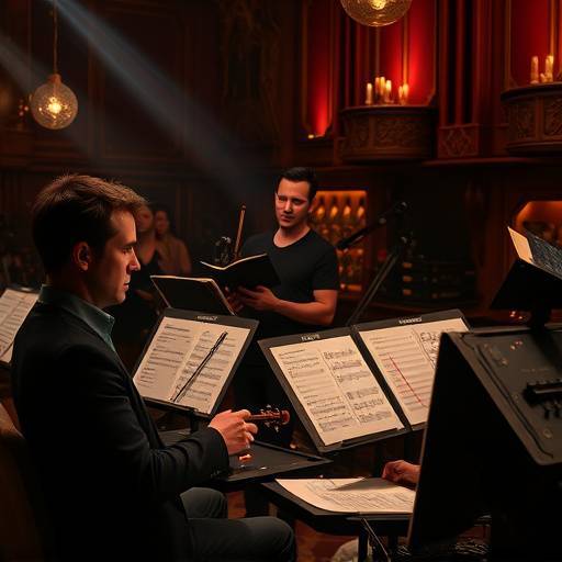 Compositores trabalhando em uma partitura musical para uma s&eacute;rie &eacute;pica